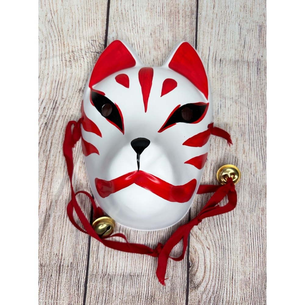 Red and White Kitsune Fox Festival Cosplay Mask with Bells